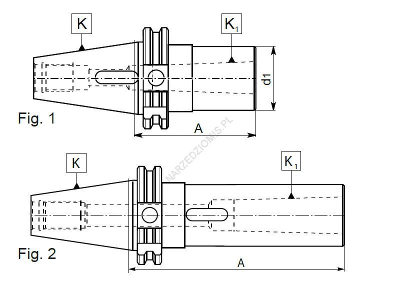 Rysunek techniczny: Tuleja redukcyjna z chw. DIN 69871 na chw.Morse'a DIN 228: T.1681 DIN30/MS1 50mm - KOLNO